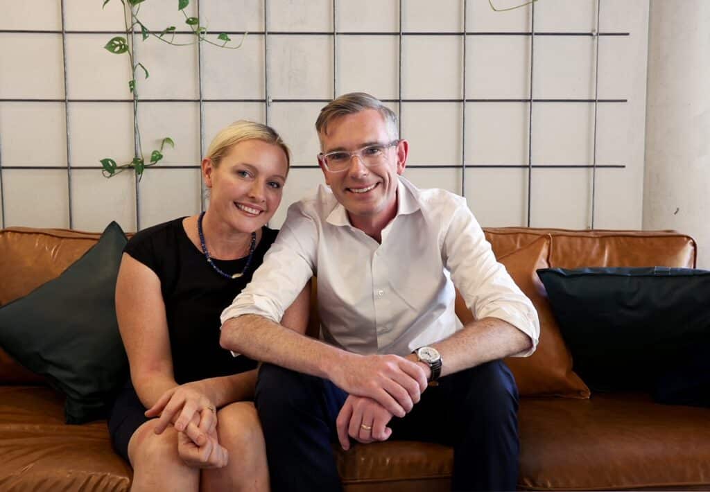 March 17, 2023 - NSW Premier Dominic Perrottet and wife Helen sit down for an interview with Angela from Women's Agenda at a cafe in Chatswood. Picture: Toby Zerna/Office of NSW Premier