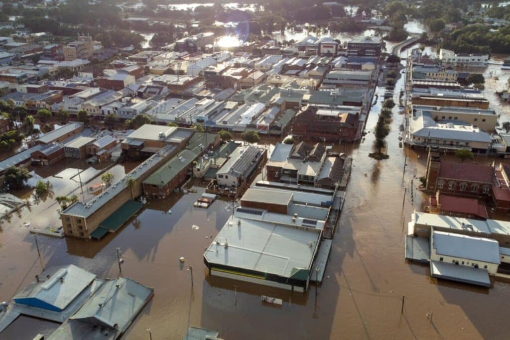 Aerial shot of floods in Lismore, 2022.