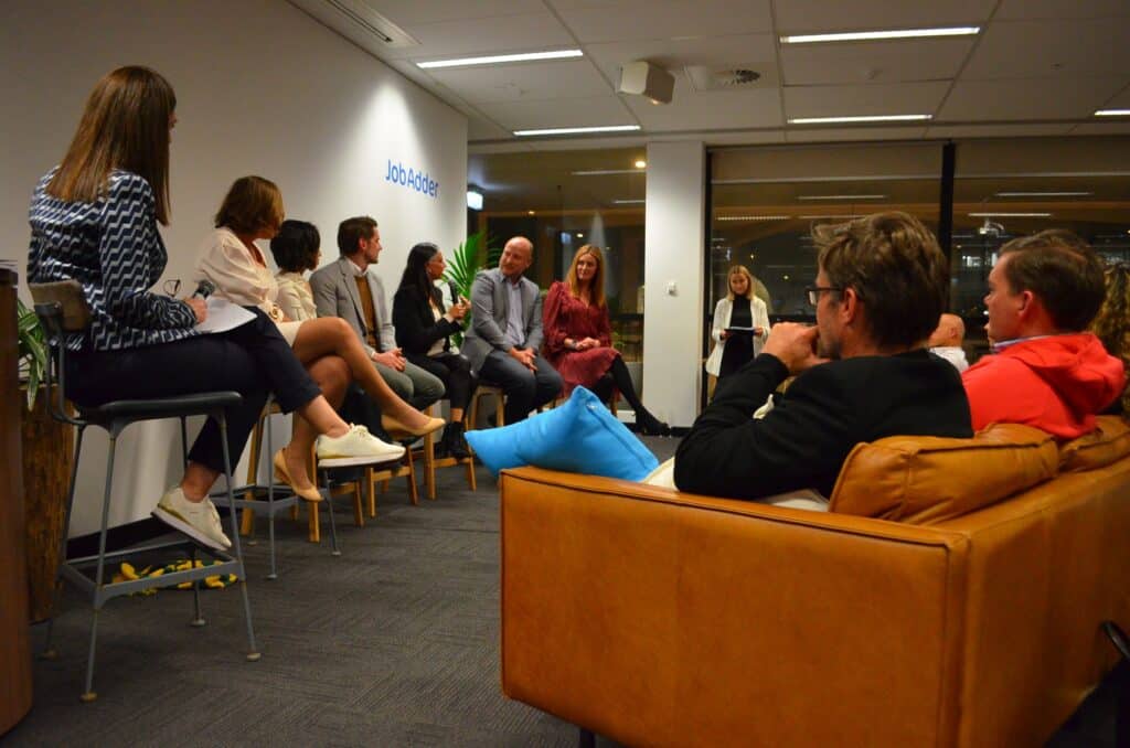 Nina Mapson Bone and the panel at the book launch of Meaningful Work.