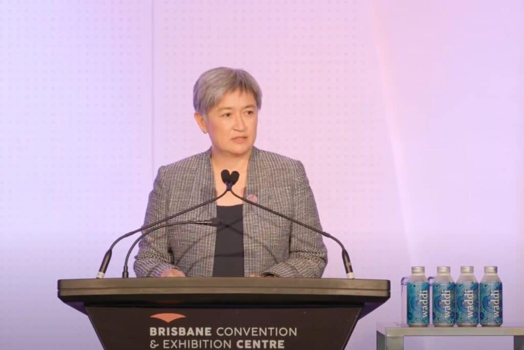 Foreign Minister Penny Wong addressing global leaders at the Gender Equality Symposium in Brisbane, QLD on July 28. Credit: YouTube