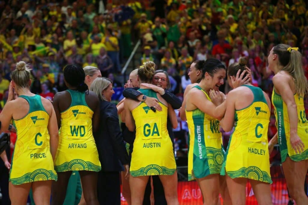 The Australian Diamonds celebrate as they win the 2023 Netball World Cup in Cape Town, South Africa.