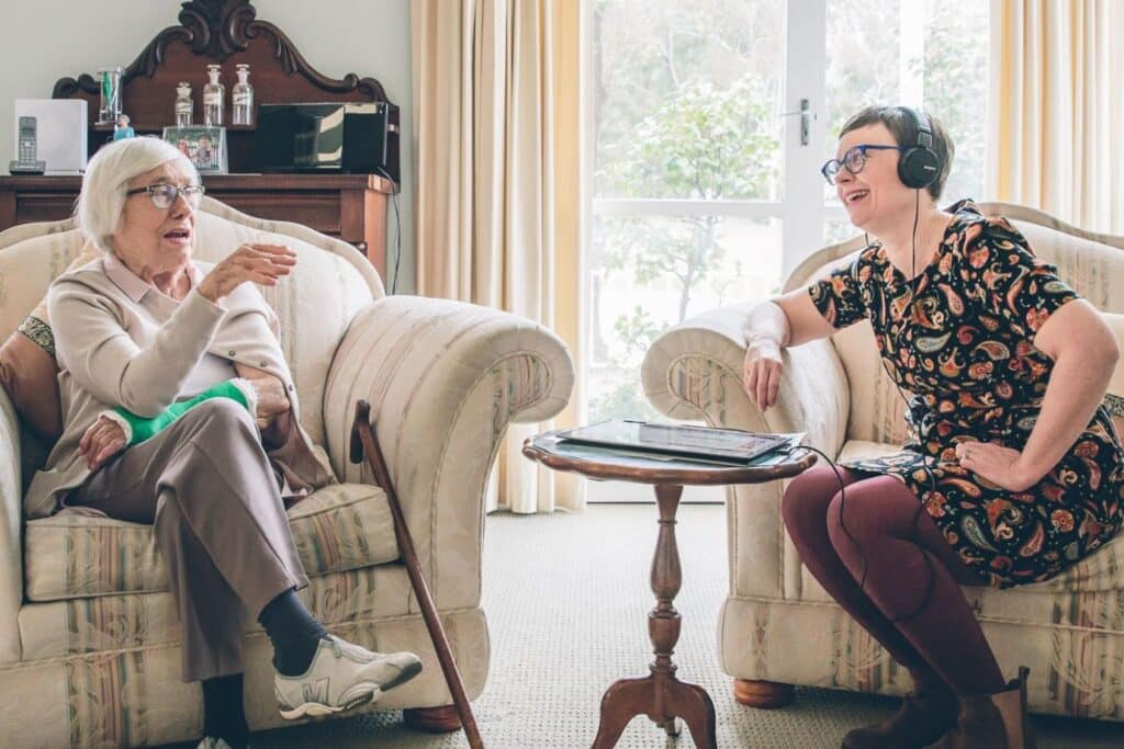 Dimity Brassil recording the life story of her mother, 2018.