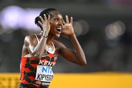 Faith Kipyegon, middle-distance runner from Kenya, celebrating her win at the World Athletics Championship