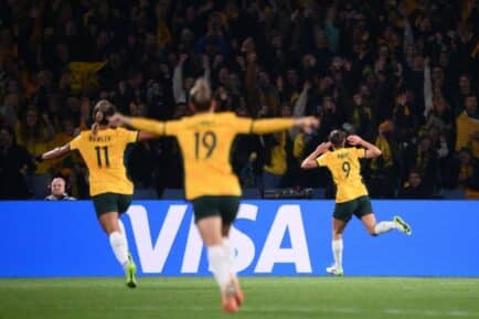 Caitlin Foord, Mary Fowler and Katrina Gorry celebrating a goal. Credit: Twitter