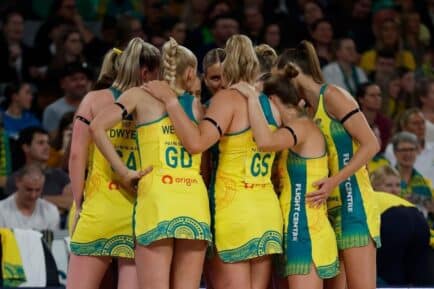 The Australian Diamonds gather in a huddle before Constellation Cup match.