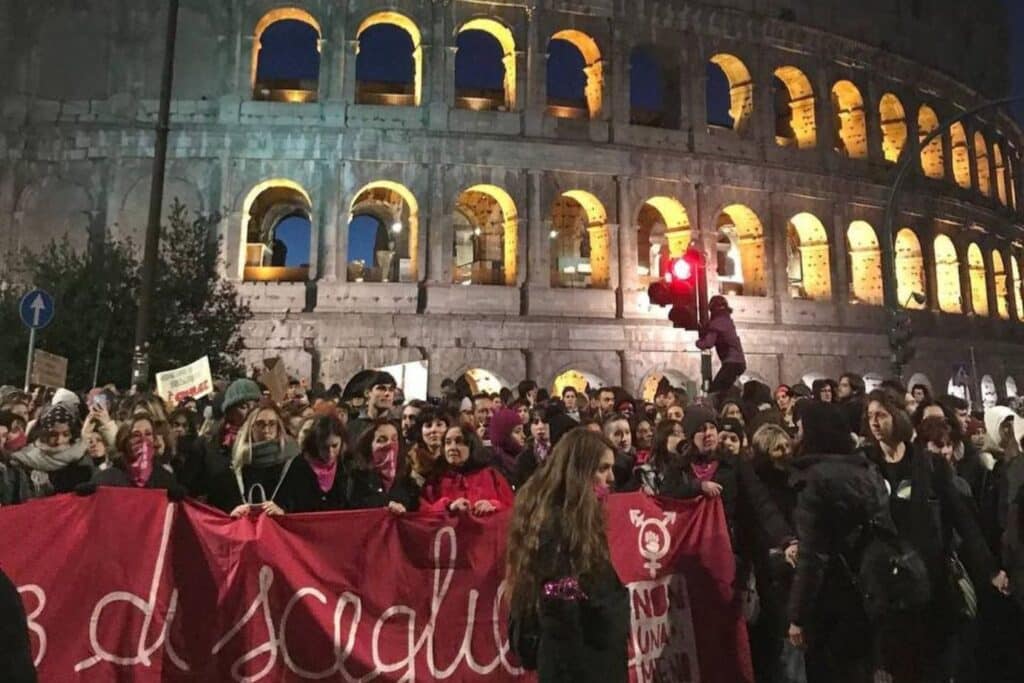 Women protest at Colosseum in Rome, Italy.