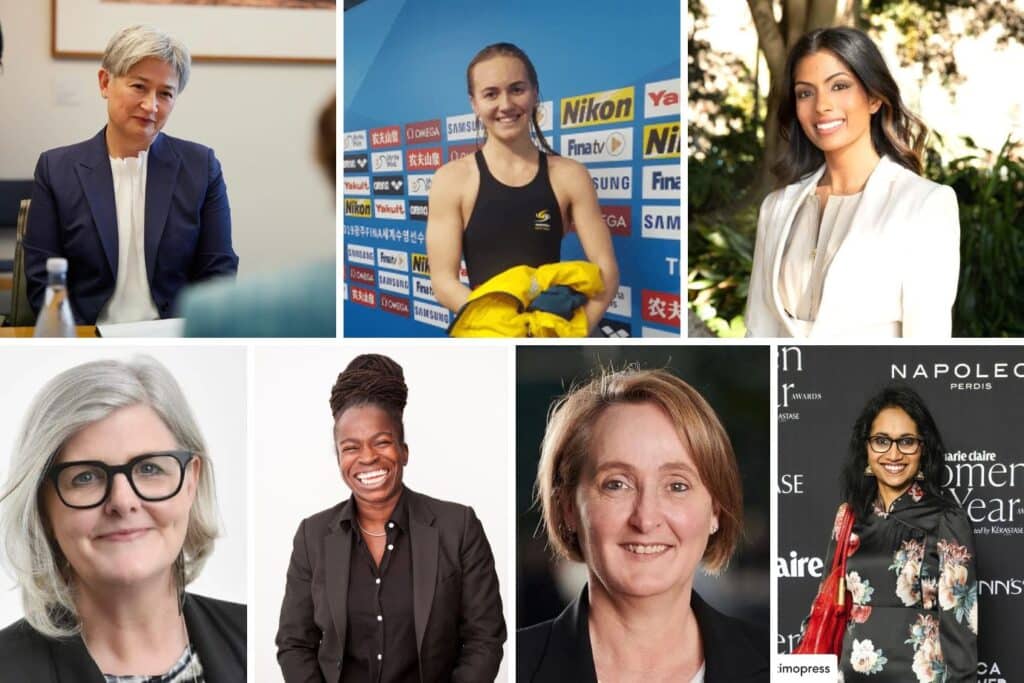 (left to right) Penny Wong, Ariarne Titmus, Prabha Nandagopal, Sam Mostyn, Luli Adeyemo, Vanessa Hudson, Shankari Chandran