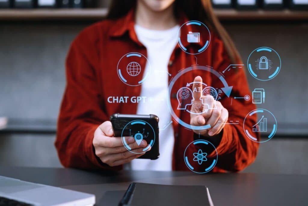 Woman using screen to operate AI technology