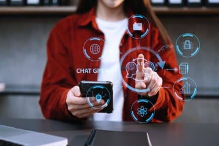 Woman using screen to operate AI technology