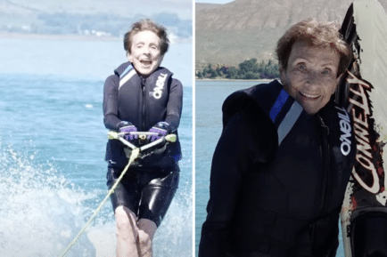 Dwan Young water skiing (left), standing next to her water ski (right)