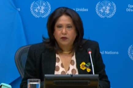 Pramila Patten speaking with reporters on the UN special envoy report