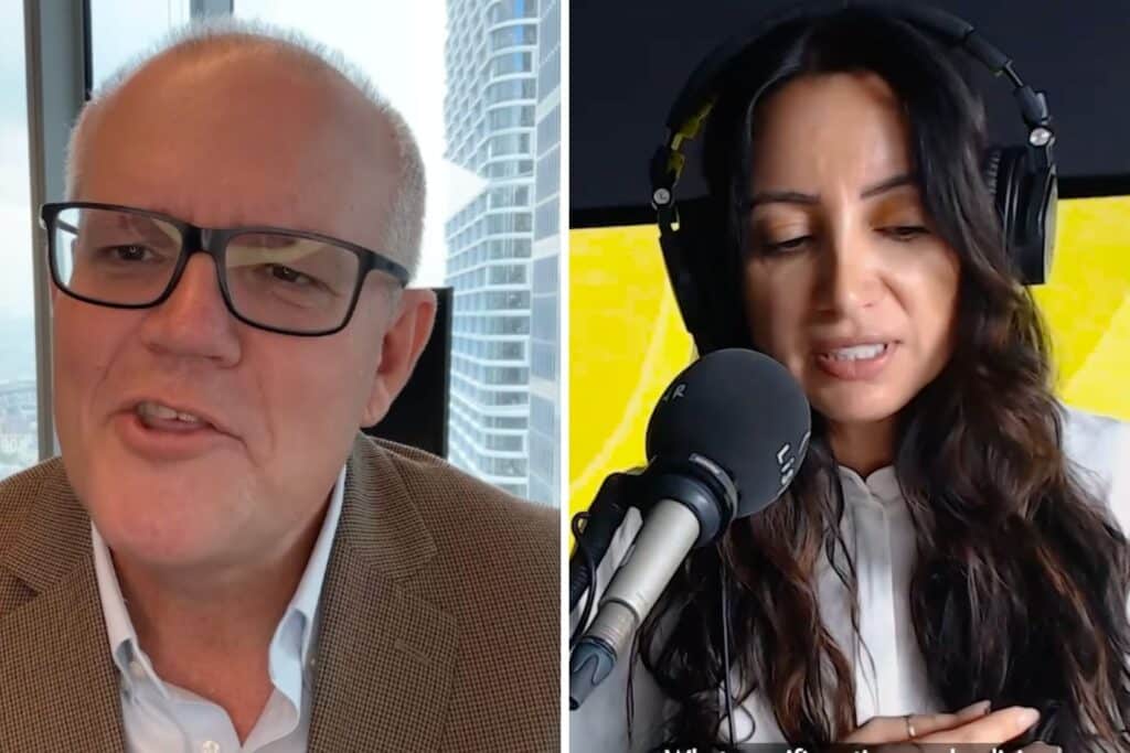 Scott Morrison (left) interviewed by Antoinette Lattouf (right) on The Briefing Podcast