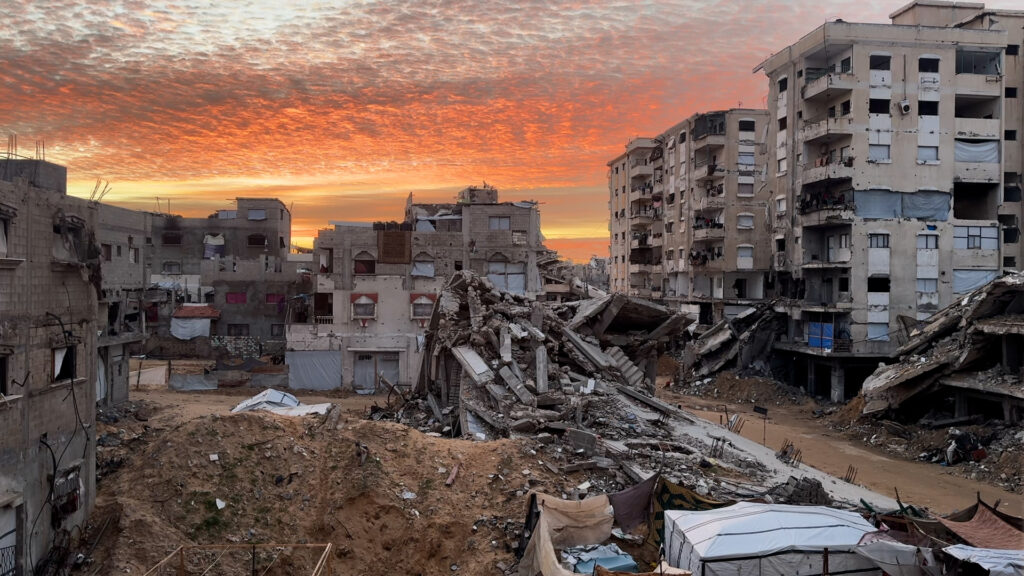 Sunset over rubble in Gaza. This footage shows general views during February 2026.