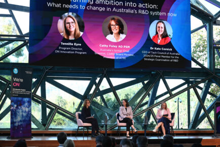 Exploring the future of Australia's R&D system: Cathy Foley AO PSM and Dr Kate Cornick in conversation during the keynote fireside chat, Turning Ambition into Action, at CSIRO's ON Translate event in Melbourne, June 2026. Hosted by the ON Innovation Program, the flagship event convened more than 400 delegates from across Australia's research translation and innovation ecosystem to strengthen collaboration and accelerate research translation.